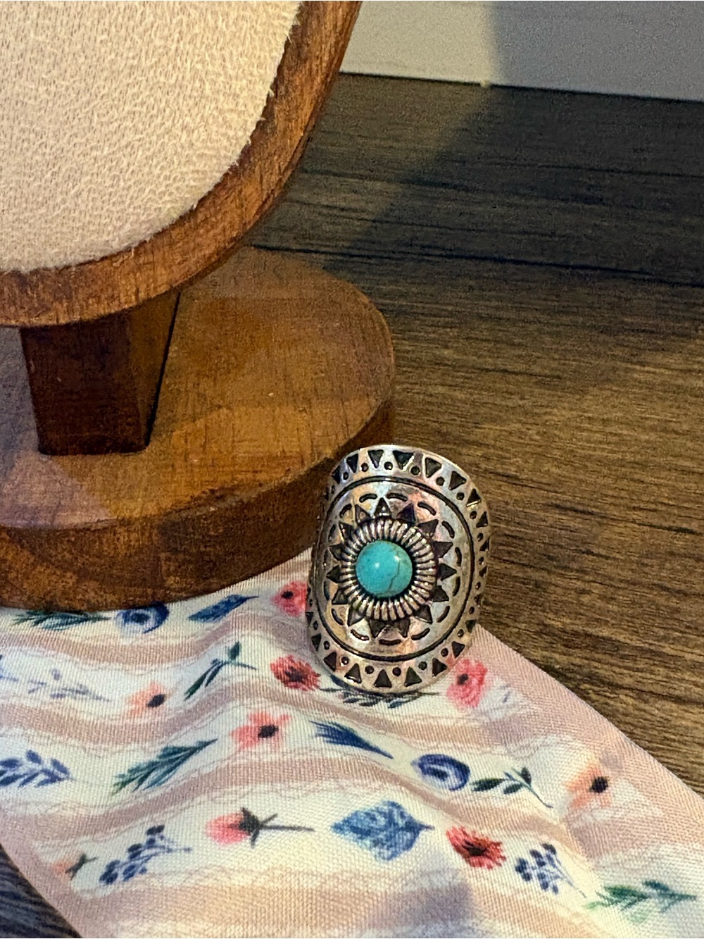 Turquoise Center Silver-Tone Statement Ring - Women Jewelry